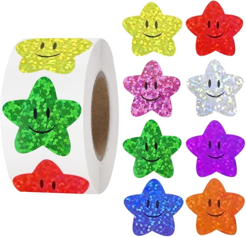 Vista 8 de Anwyll Calcomanías de cara sonriente, 500 calcomanías de cara feliz, rollo de calcomanías con purpurina de 1 pulgada, lindas calcomanías