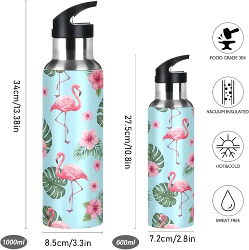Vista 2 de Insulated Water Bottle 32 Oz, BPA-Free Sport Water Bottle Insulated for Gym Outdoor Travel School, Tropical Pink Flamingos Blue