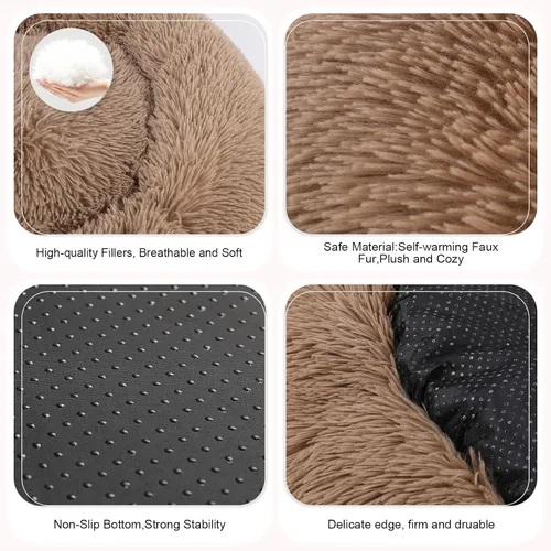 Vista 4 de Cama para perros, cama calmante para gatos, cama de felpa de piel sintética con forma de rosquilla para mascotas, cama redonda para perros y gatos