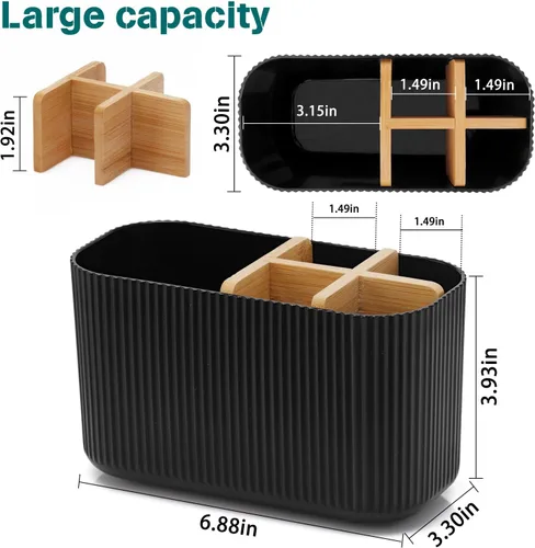 Vista 6 de GFWARE Soporte para cepillos de dientes negro – Portacepillos de dientes de bambú para baños, organizador de cepillos de dientes eléctrico