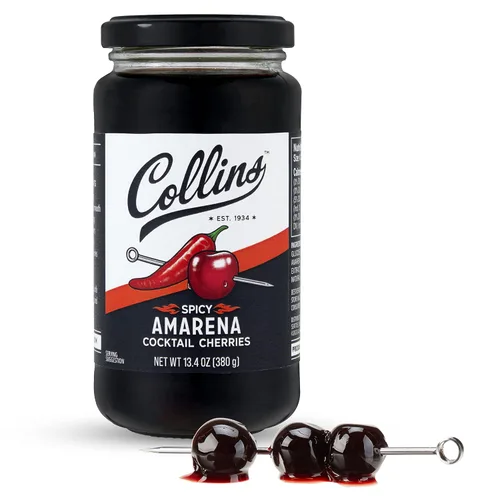 Vista 11 de Collins Amarena Cherries - Guarnición de cóctel prémium para cócteles, mezclas antiguas, cerezas italianas, tarro de cereza agria dulce de 13.4 onzas