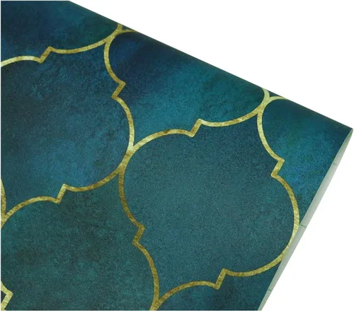 Vista 8 de HAOKHOME - Papel tapiz despega y pega, diseño geométrico enrejado, color esmeralda/zafiro azul/bronce, papel de contacto extraíble para decoración