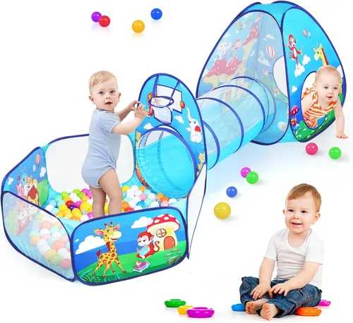 Vista 8 de GeerWest Tienda de campaña 3 en 1 para niños: con pozo de pelotas para bebés y túnel de juego, casa de juegos para interiores y exteriores con túnel