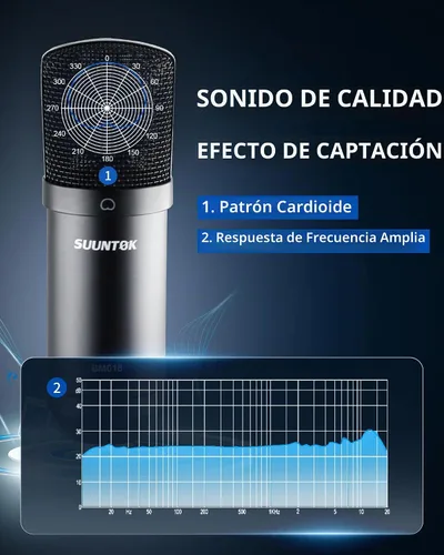 Vista 6 de SUUNTOK XLR Micrófono de condensador de grabación para PC, computadora en casa, estudio, cardioide, podcast, kit de micrófono para transmisión Negro