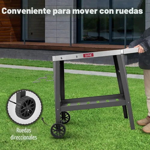 Vista 2 de Feasto Carro de Parrilla al Aire Libre, Mesa con Horno de Pizza con Ruedas, Encimera de Acero Inoxidable con Mesa Extensible Plegable, Carro