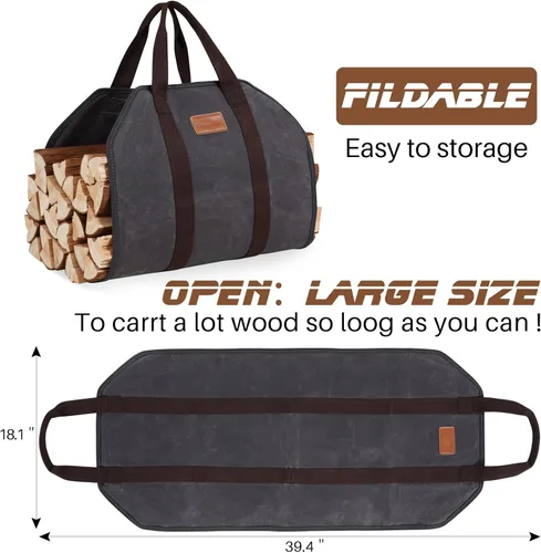 Vista 2 de Bolsa de lona encerada de leña con asas, soporte de leña resistente, para chimenea, accesorios para estufa de leña para campamento, barbacoa
