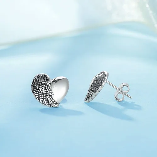 Vista 3 de Aretes de corazón de ala de ángel en plata de ley antigua 925 con espalda de mariposa 0.433x0.406 in, Plata de ley Turquesa Perla