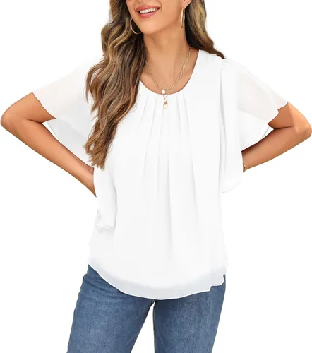 Vista 3 de QIXING Blusas de gasa con cuello redondo y cuello redondo de verano para mujer