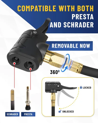 Vista 3 de Adaptador de Válvula Presta para Bomba con Pinza de Aire Desmontable de Schrader a Presta – Inflador de Neumáticos de Bicicleta Preciso y Medidor