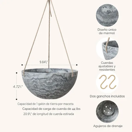 Vista 2 de LA JOLIE MUSE Macetas Colgantes para Flores y Plantas - 9.84 Pulgadas Interiores Exteriores Balcón Patio Juego de Jardineras Colgantes de 2