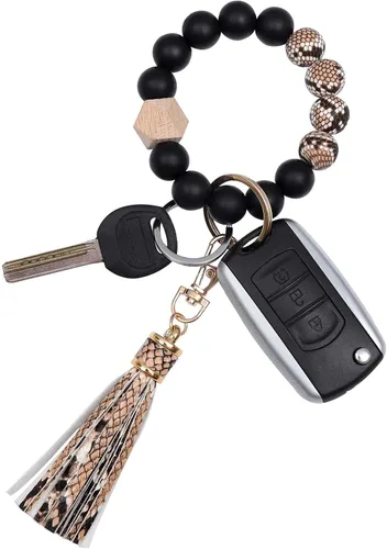 Vista 31 de BAOSIWA Pulsera de cuentas de silicona, llavero de pulsera, cadena para mujer, con borla de cuero Negro