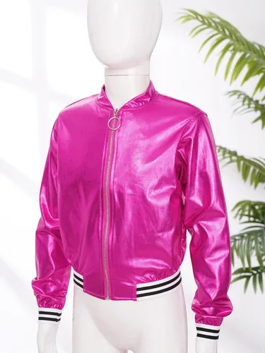 Vista 5 de Jhaoyu Chaqueta de moto metálica para niños y niñas, hip hop, jazz, danza, moderna, disfraz de fiesta de discoteca