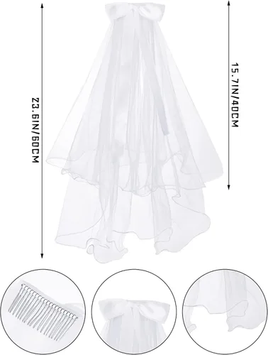 Vista 3 de 2 Pieces First Communion White Veil and Gloves Set First Holy Communion Accessories for Kids Wedding Party Costume