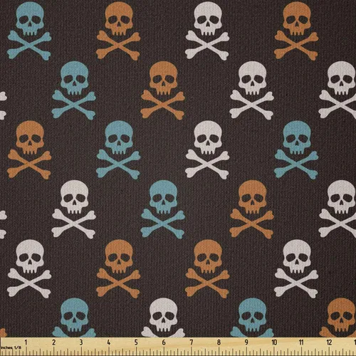 Vista 101 de Ambesonne The Yard, tela de calavera colorida con temática de Halloween, diseño de calavera y huesos cruzados, divertido estampado de dibujos