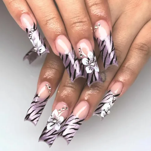 Vista 31 de MISUD Uñas a presión – Uñas cuadradas largas con pegamento rosa y negro, acrílico Y2K diseño de dijes de 24 piezas