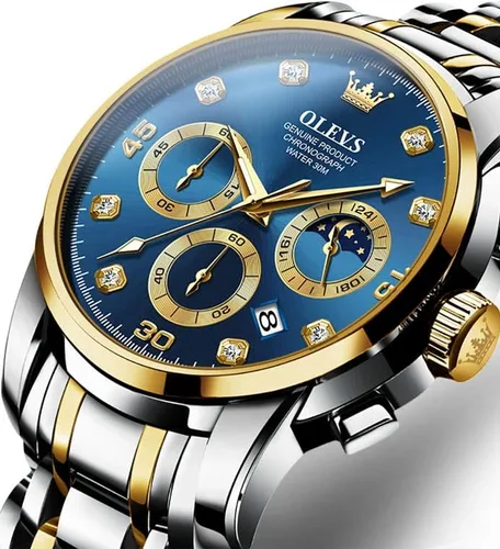 Vista 9 de Taxau Mens Watch Silver Gold Stainless Steel Watches for Men with Day Date Moon Phase Diamond Waterproof Analog Dress Men's Chronograph Wrist