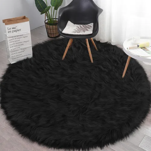 Vista 24 de Mini alfombra redonda negra de piel de oveja sintética de 15.7 pulgadas, alfombra circular esponjosa para silla, alfombra peluda para escritorio