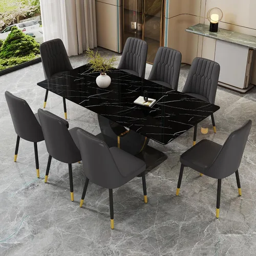 Vista 14 de JUFU Moderno juego de mesa de cocina y comedor, mesa rectangular con parte superior de mármol sintético, 63 pulgadas, color negro, 4 sillas