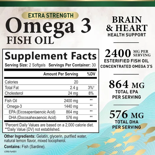 Vista 2 de Suplementos de aceite de pescado Omega 3 – 2400 mg de aceite de pescado por porción – Omega-3 de triple fuerza con ácidos grasos EPA y DHA – Apoyo