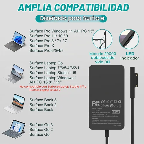 Vista 2 de Cargador de 65 W compatible con Microsoft Surface Pro 11, 10, 9, 8, 7+, 7, 6, 5, 4, 3, X, adaptador de corriente para Windows Surface Laptop