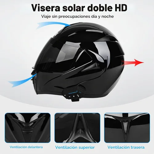 Vista 6 de Casco modular de motocicleta Bluetooth aprobado por DOT/ECE de cara completa, abatible, antivaho, doble visera, casco con altavoz dual integrado