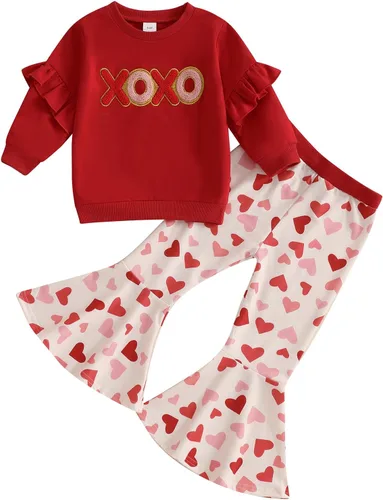 Vista 10 de Kayotuas Conjunto de sudadera de manga larga con estampado de corazón dulce y pantalones acampanados para bebés y niñas pequeñas Daddys Valentien