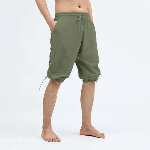 Vista 2 de Pantalones cortos de pirata para hombre, medievales, vikingos, navegantes, renacentistas, pantalones cortos de lino gótico para disfraz