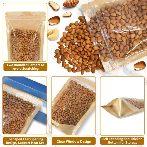 Vista 4 de 100 bolsas de papel kraft de pie con ventana transparente resellable para almacenamiento de alimentos (balsa, 7.09 x 10.24 pulgadas)