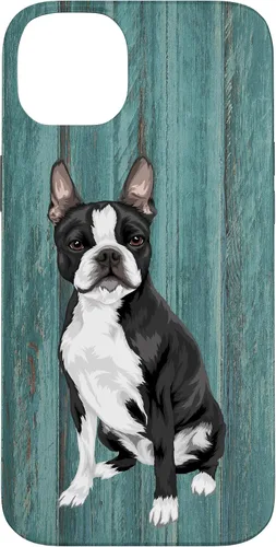 Vista 15 de Boston Terrier Faux Blue Wood Background Case for iPhone 17