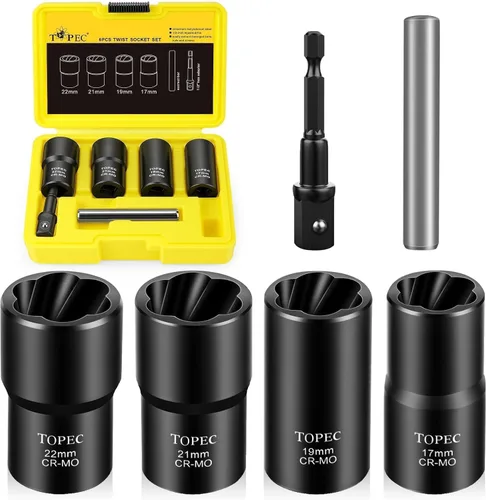 Vista 9 de Topec 6 herramientas de extracción de tuercas de llanta, kit de extracción de bloqueo de rueda motriz de 1/2 pulgada, removedor de tuercas peladas