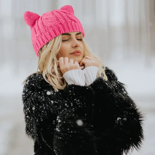 Vista 5 de SATINIOR Lindo gorro de punto con orejas de gato, gorro de punto de invierno para mujeres y niñas