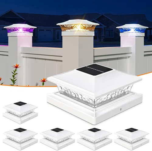Vista 18 de APONUO - Luces solares para punta de poste con 8 colores RGB sólidos y flujo multicolor - Paquete de 4 luces solares para postes de 6x6, IP65