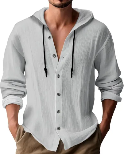 Vista 8 de Sudadera con capucha de manga larga para hombre, color liso, con botones, casual, ajuste holgado, para primavera, otoño, playa, con capucha