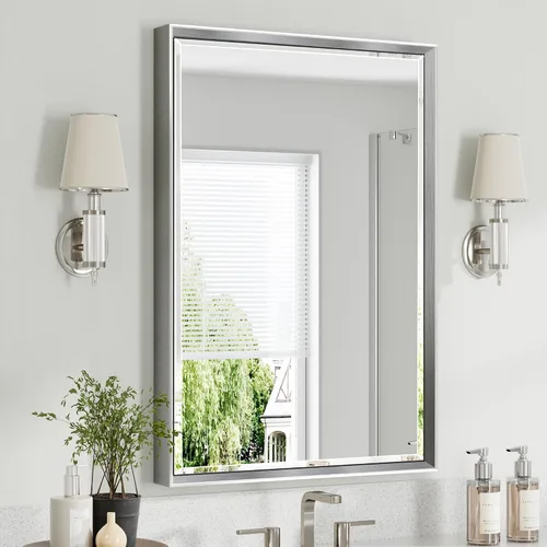 Vista 37 de Espejo de baño negro, espejo de baño biselado de 16 x 24 pulgadas para pared, espejo con marco negro antioxidante para decoración de baño, sala