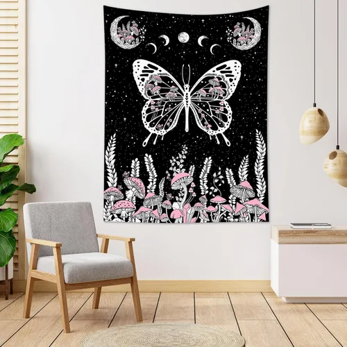 Vista 15 de LB Tapiz pequeño de mariposa colorido para colgar en la pared, diseño psicodélico de flores silvestres 3D, mariposas de fantasía floral, arte