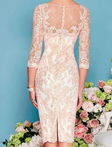 Vista 4 de Mother-of-The-Bride-Dresses-for-Wedding Lace Knee Length Chiffon Gowns Dresses 34 Length Sleeves Lace Formal Gowns