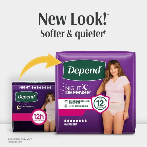 Vista 2 de Depend Night Defense - Pañales para adultos, ropa interior para incontinencia y fugas de vejiga posparto para mujer, desechables, durante la noche