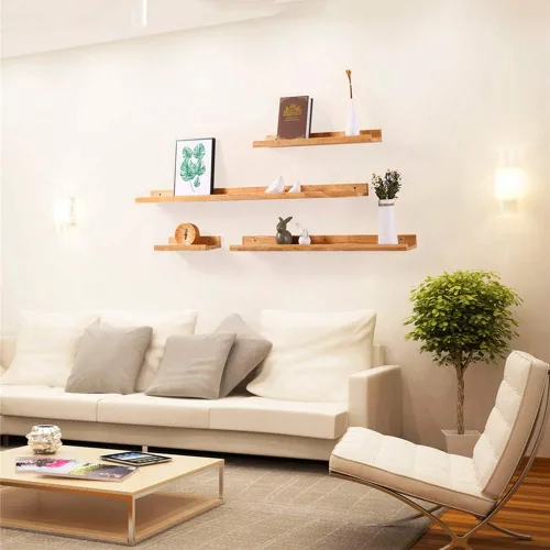 Vista 2 de Juego de 4 estantes flotantes de pared de madera, estantes decorativos para exhibición, estante organizador para inodoro, balcón, cocina