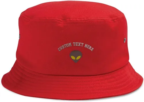 Vista 9 de Custom Bucket Apparel Sombrero Alien Gris Cabeza Ojos Amarillos Bordado para Hombres y Mujeres Solo diseño negro.