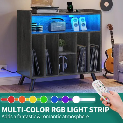 Vista 3 de YITAHOME Soporte para tocadiscos con tomas de corriente y luces LED con capacidad para hasta 130 álbumes, mesa de tocadiscos con almacenamiento
