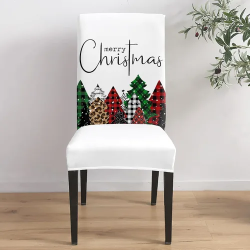 Vista 4 de Funda para silla de comedor, diseño de árbol de Navidad, leopardo, rojo, verde, negro, blanco, copos de nieve, protector para silla de invierno