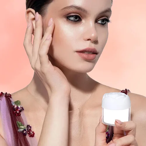 Vista 4 de Paquete de 24 frascos vacíos en forma de flor de rosa rosa, recipientes de plástico transparente a prueba de fugas para cosméticos con tapas