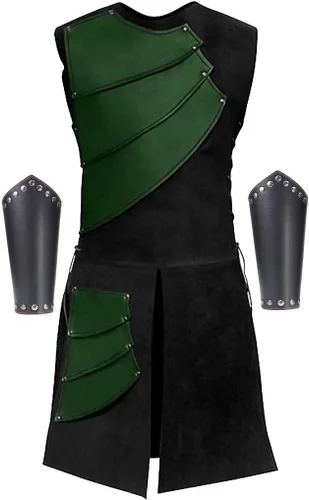 Vista 11 de RYCUZYNU Conjunto de disfraz de caballero vikingo pirata armadura larga con cordones laterales para hombre Negro