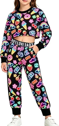 Vista 12 de Betusline - Conjunto de 2 piezas para niñas, ropa deportiva con sudadera y pantalones cortos, 4T-14 años Una flor de orilla naranja