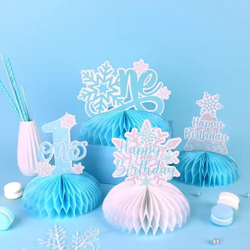 Vista 2 de Fangleland 8 centros de mesa de panal de copo de nieve azul para primer cumpleaños, 1er cumpleaños 3D decoraciones de mesa para niños de invierno