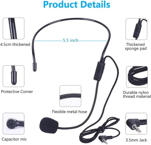 Vista 2 de VOVIGGOL 2 piezas de micrófono auricular con micrófono, cable flexible para amplificador de voz, auricular con conector jack de 3.5mm para cantar