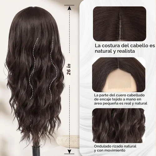 Vista 4 de Pelucas onduladas de color marrón oscuro para mujer, 26 pulgadas, parte