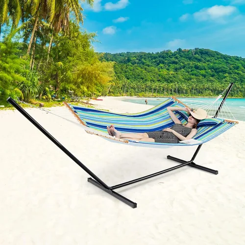 Vista 2 de Giantex Hamaca para acampar con barra separadora, almohada desmontable, cuerdas de algodón tejidas a mano, hamacas al aire libre para patio, patio