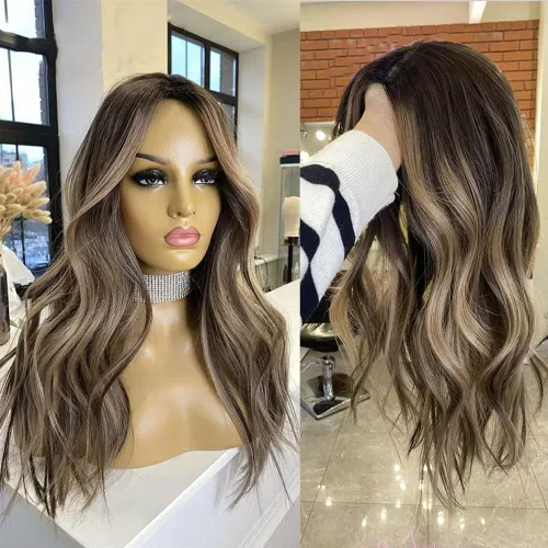 Vista 8 de Peluca de cabello humano ondulado con reflejos rubios y marrones, encaje frontal, sin pegamento, prearrancada, Remy brasileño, densidad 150, 12