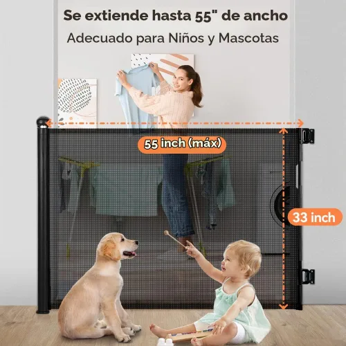 Vista 2 de COMOMY - Puerta retráctil para bebé para escaleras, puerta de malla de 0-55" para mascotas para puertas y pasillos de la casa, puerta de seguridad
